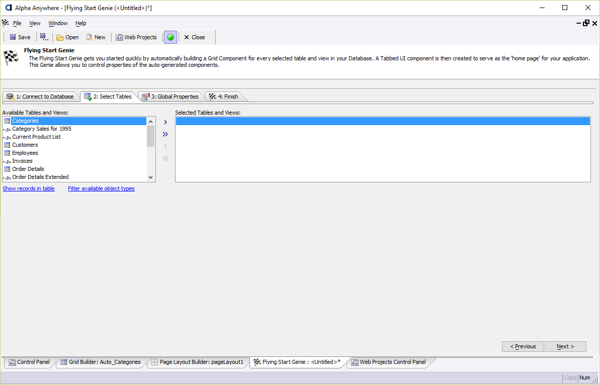 The Select Tables page. By default, all tables and views in the database are listed.